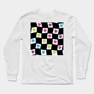 Floral Checker Board - Bright Colors on White Long Sleeve T-Shirt